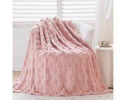 Wajade Fleece deken, pluizige deken van imitatiebont voor bed sofa bank, zachte, gezellige warme dikke deken, geruit roze, 127 x 178 cm