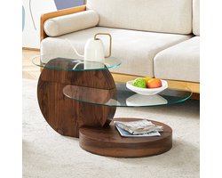 Sweiko Salontafel - Glazen tafelblad - 3 niveaus - Ronde bijzettafel - Walnoot afwerking