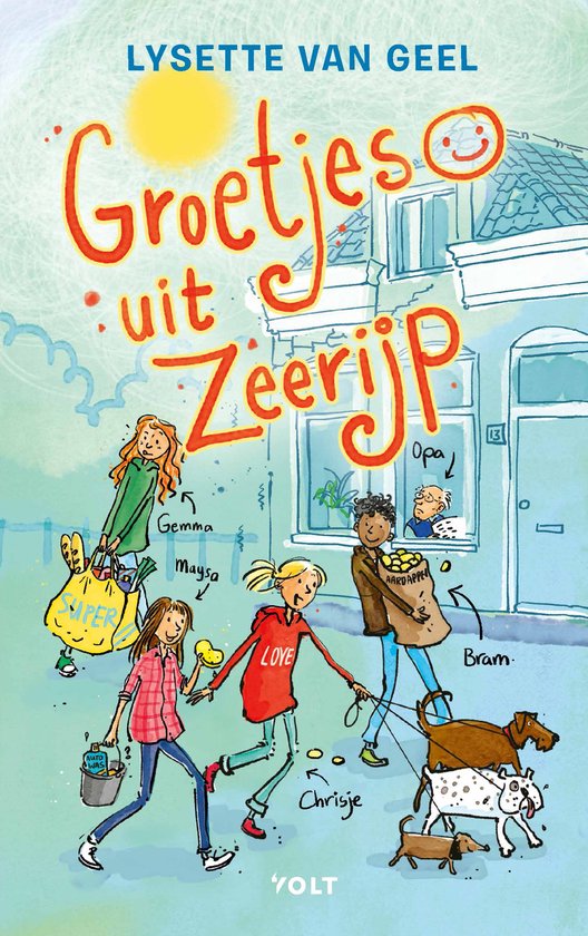 Kinderen en een opa lopen in een straat met de tekst "Groetjes uit Zeerijp"