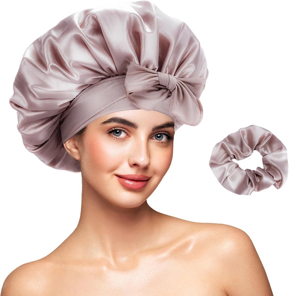 Satijnen slaapmuts set met scrunchies - dubbele laag & reversibel voor krullen