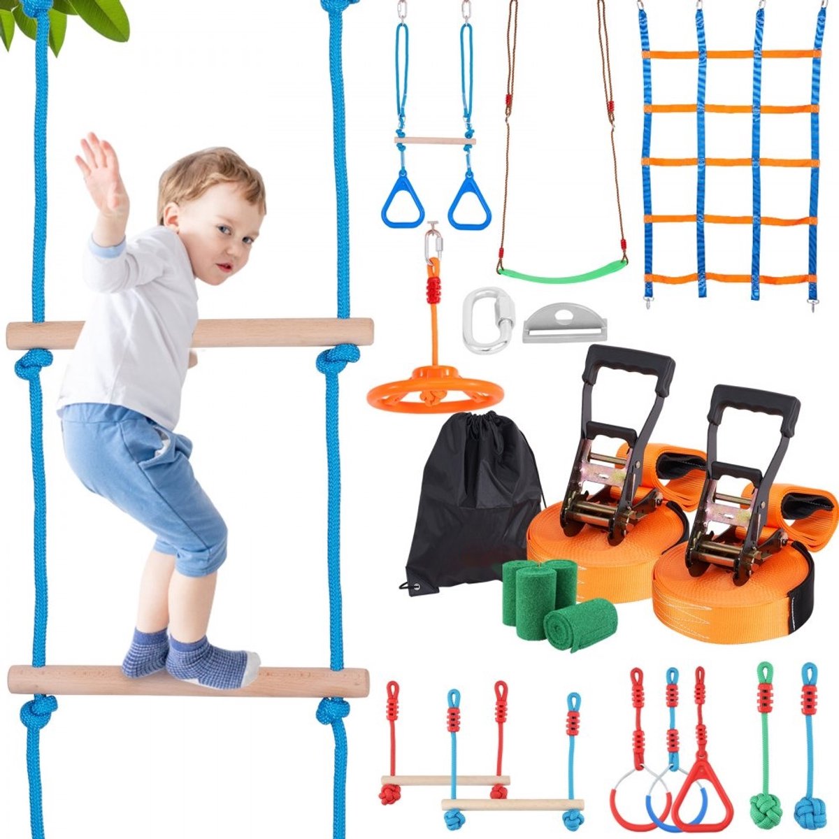 Ninja Slackline Obstakelbaan - Hindernisbaan Set - 2 Slacklines van 15,24 m - 12 Obstakels - Draagvermogen 226,8 kg - Voor Tuin