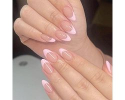 24 Stuks Roze French Tip Press on Nails Amandelvorm, Korte Nepnagels voor Vrouwen en Meisjes