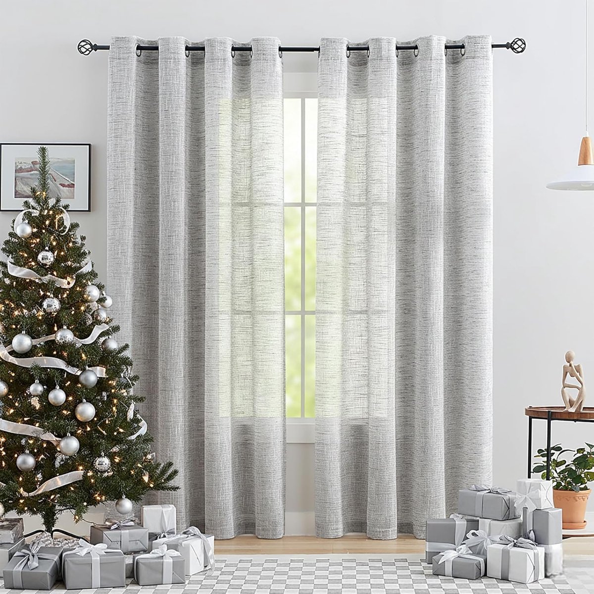 Unyqoos Transparante gordijnen set van twee met linnenstructuur voor woonkamer en slaapkamer 136 x 225 cm grijs