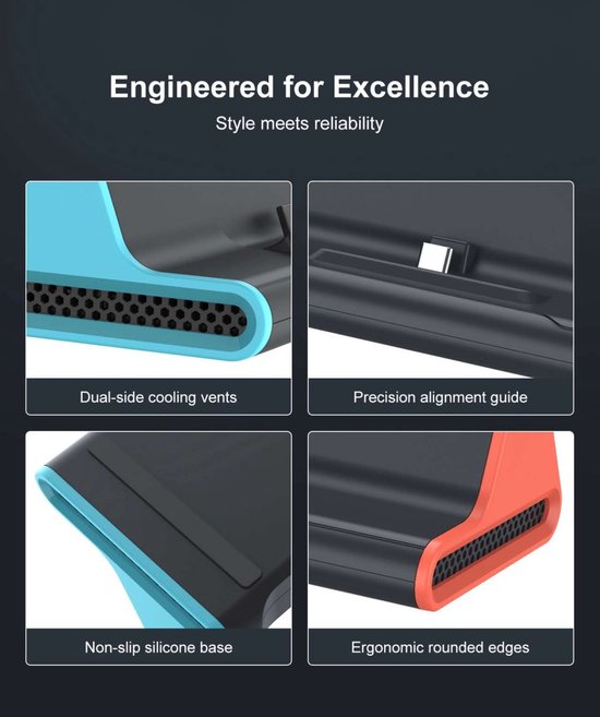 Detailopnames van de zwarte docking station met oranje en blauwe accenten: ventilatieopeningen, precisiegeleiding, antislip basis, ergonomische randen.