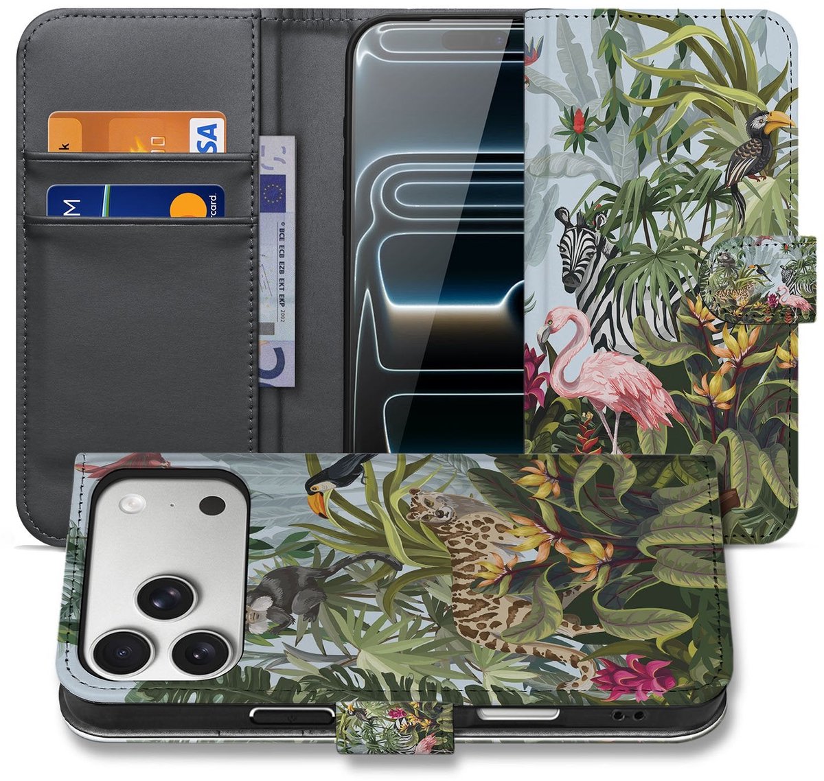 Apple iPhone 17 Pro Hoesje Met Pasjes Jungle Design PU-Leer
