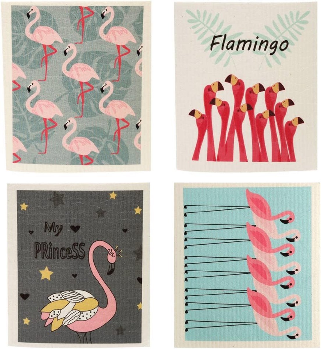 Herbruikbare Keuken Doekjes – Set van 4 Gemengde Flamingo's