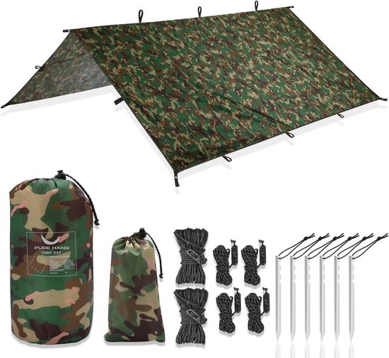 Tentzeil, tarp, 3 x 3, voor hangmat, outdoor, camping, 100% waterdicht, met oogjes, zonnezeil, strand, ultralicht, zonwering, uv-bescherming, regenbescherming — afbeelding 5