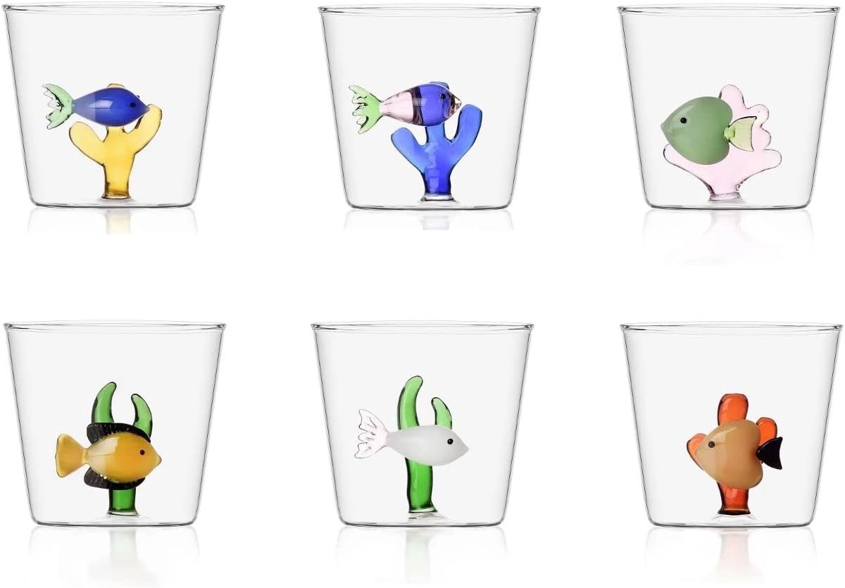 Set van 6 Waterglazen met Decoratief Zeedieren en Zeewier Ontwerp