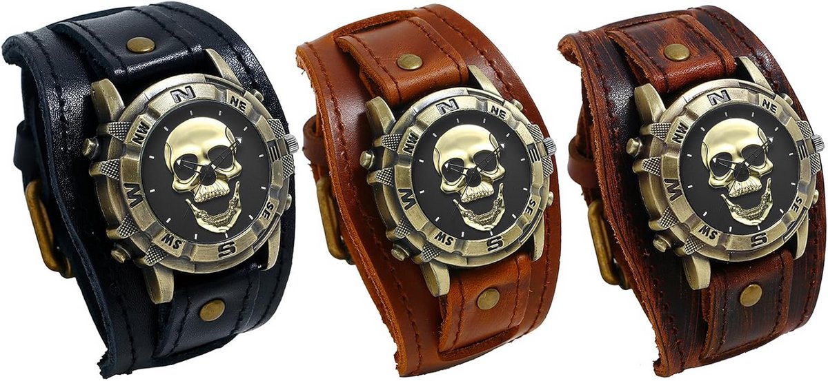 Heren Horloge met Breed Leren Band - Zwart-Bruin Wijzerplaat - Stijlvol Accessoire