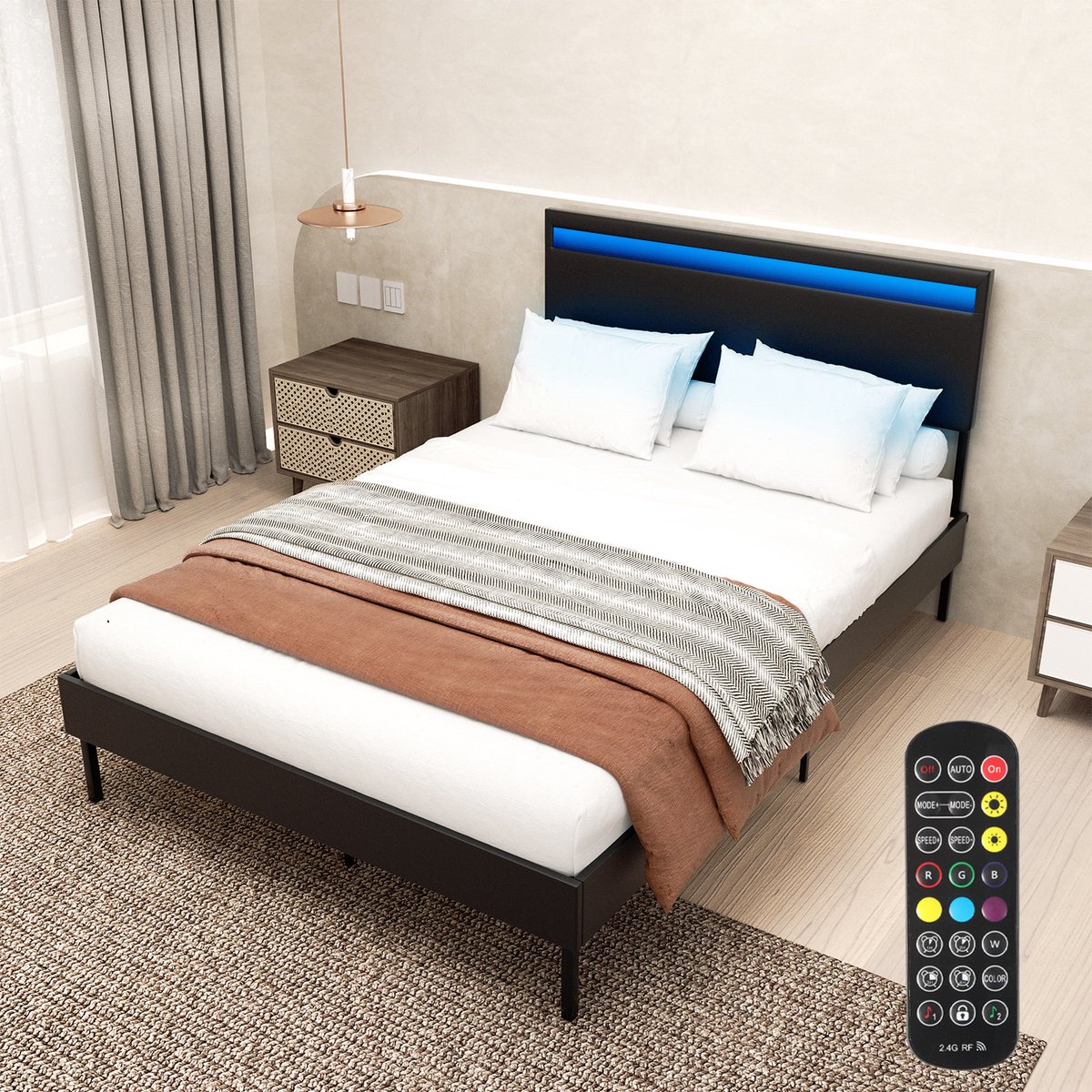 Modern Zwart Bed 140x200 cm - Opbergbed met geïntegreerde LED's, gestoffeerd hoofdeinde en lattenbodem inbegrepen