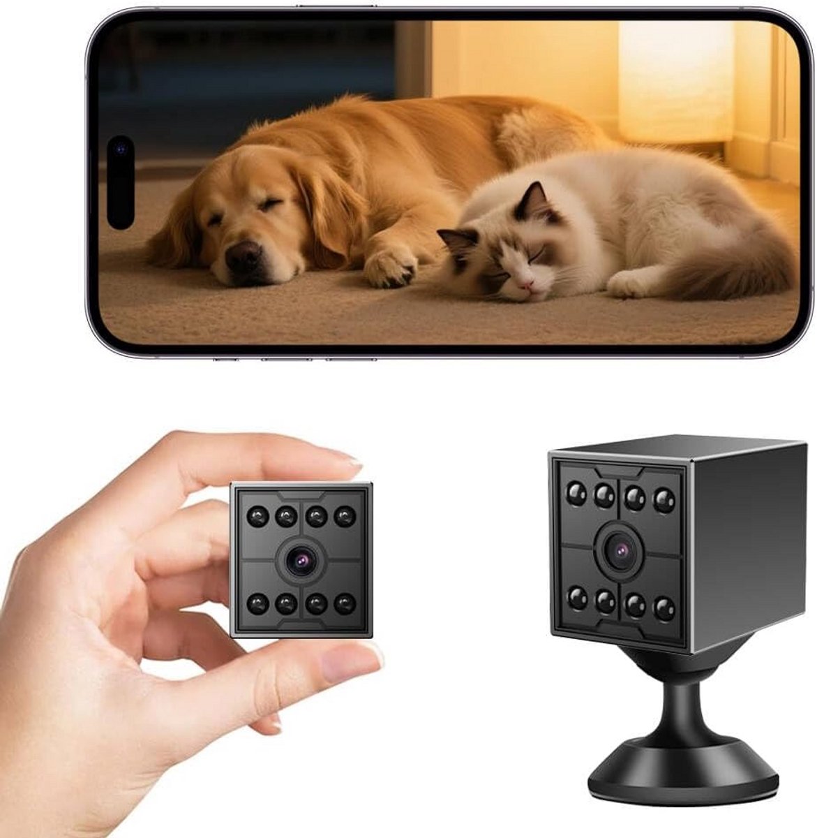 Mini Camera Binnen & Buiten 1080p Bewaking met App, Bewegingsdetectie en Nachtzicht