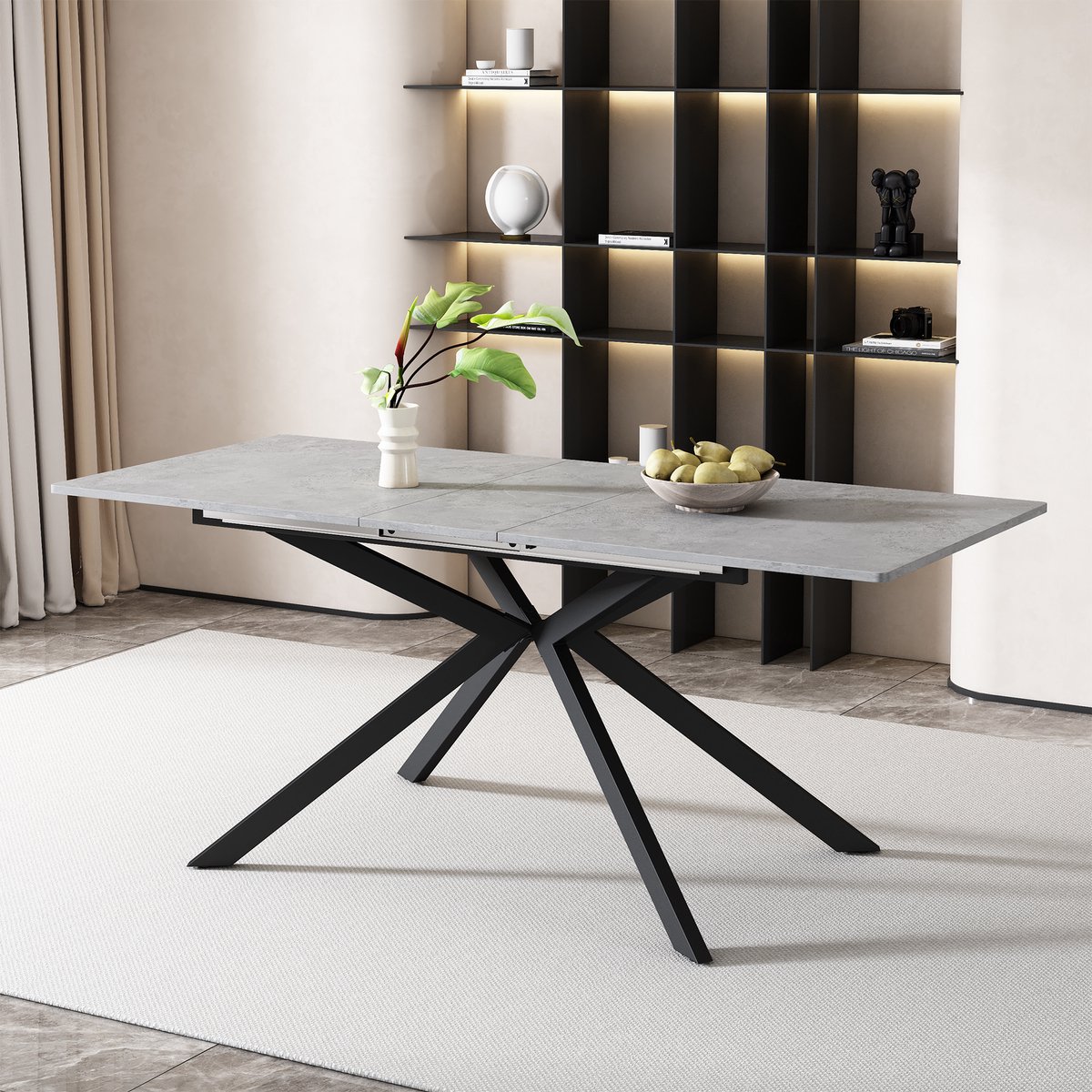 OKWISH Eettafel – Uitbreidbaar – Kruisbeen Onderstel – Cementmotief Tafelblad – Geschikt A