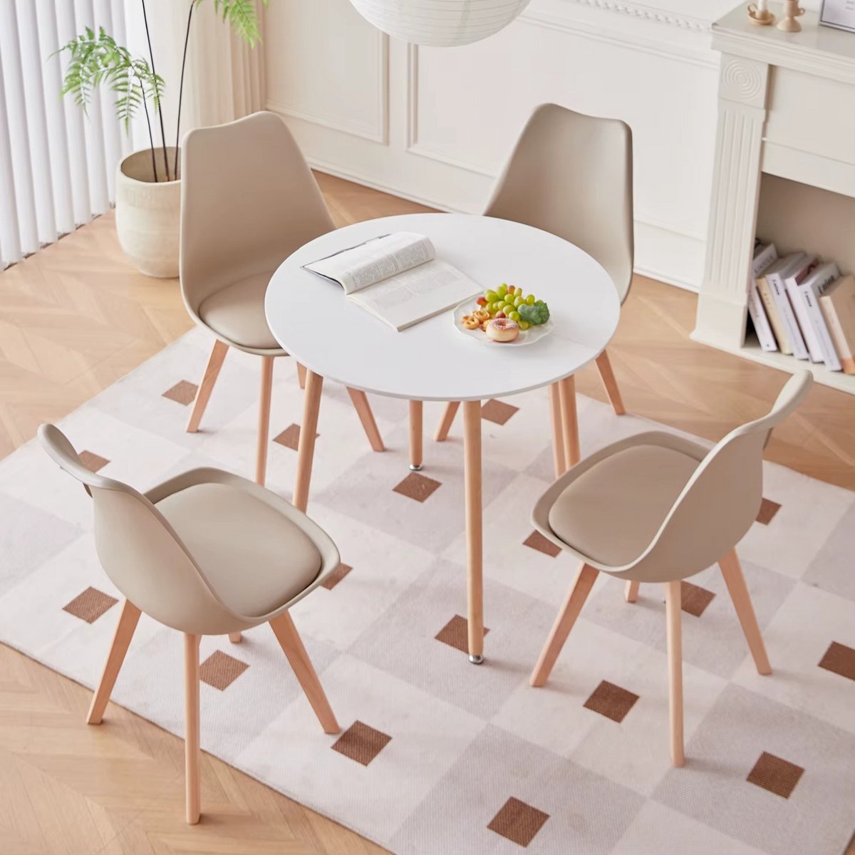 Whoopr® Scandinavische Ronde Eettafel met Set van 4 Eetkamerstoelen – Gestoffeerde Stoelen met PU-Kussen – Tafel Voor Keuken, Eetkamer, Restaurant of Woonkamer - Khaki