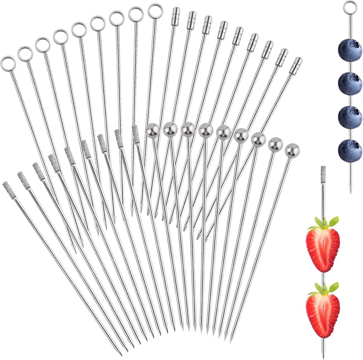 36x Cocktailprikkers RVS - 4 Vormen Vingerfood Prikkers Herbruikbaar
