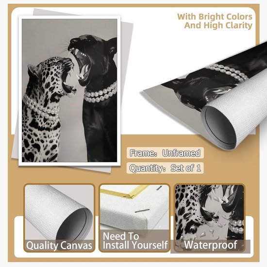 Een luipaard en een zwarte panter met parelkettingen, hoofd naar elkaar toe, bekken open in een schreeuw. "Bright Colors And High Clarity".