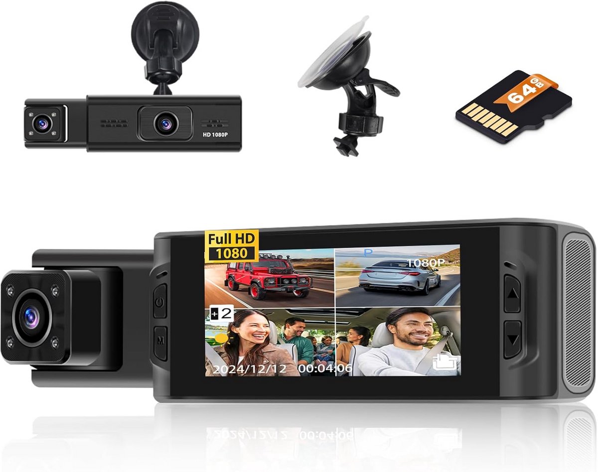 Dashcam WiFi met 64GB SD Kaart - FHD 1080P Auto Camera met Dubbele Lens en G-Sensor