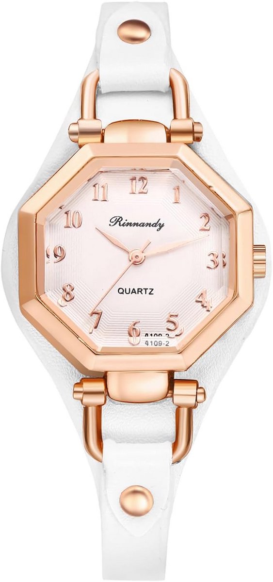 Dameshorloge Analoog Kwarts met Achthoekige Wijzerplaat en Smalle Leren Band