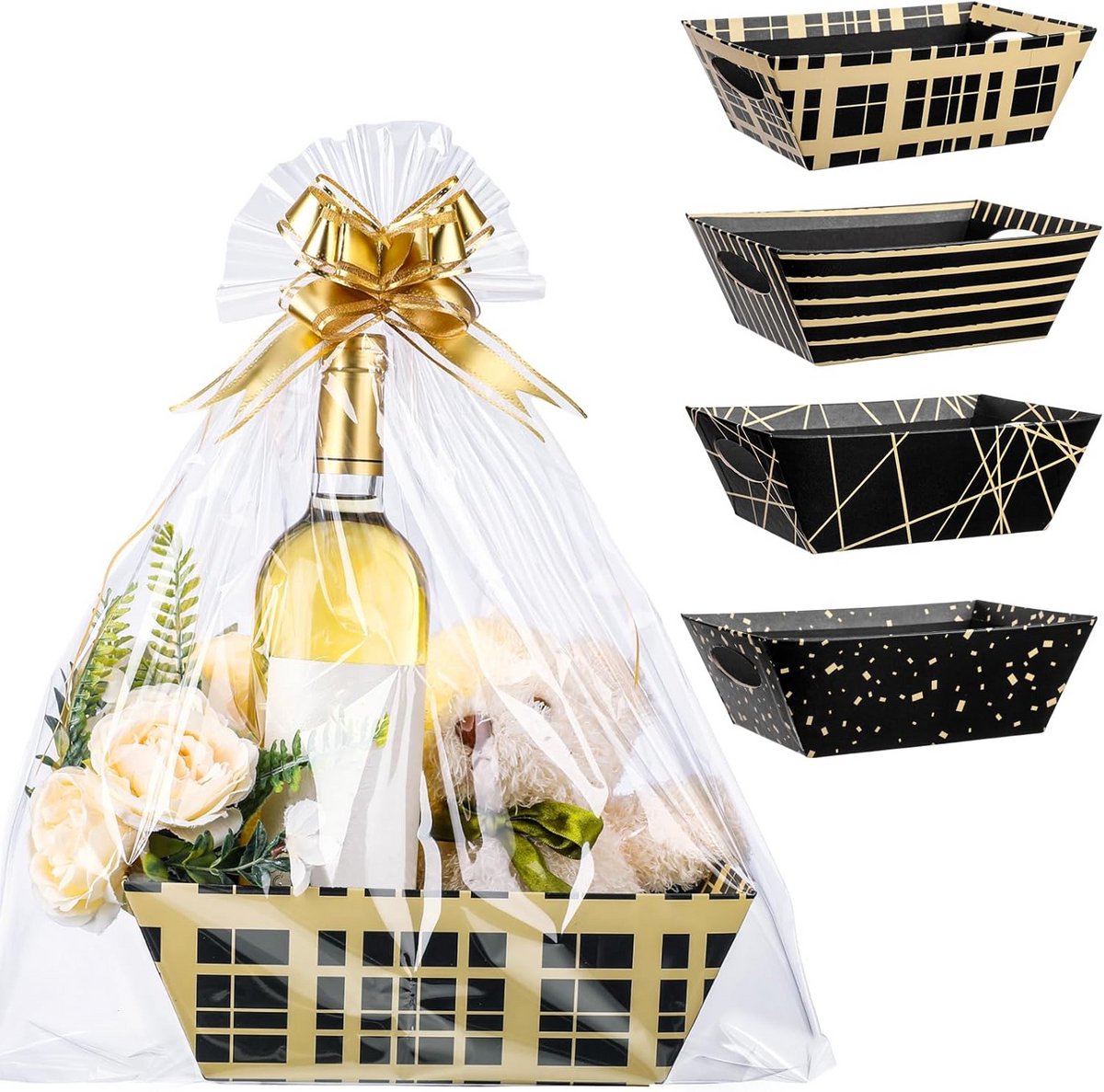 Geschenkmanden Set Leeg - 26 Delige Verpakkingskit met Manden, Transparante Tassen en Gouden Strikken