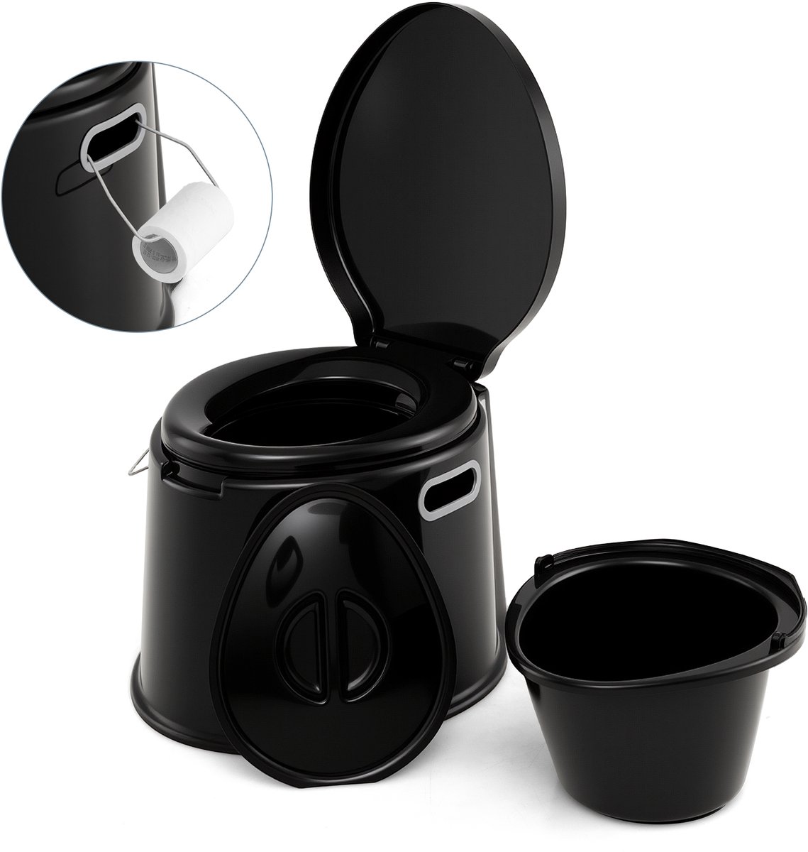 COSTWAY Campingtoilet, draagbaar, reistoilet tot 200 kg belastbaar, mobiel toilet met afneembare emmerinzetstuk, toiletpapierhouder, voor kamperen, wandelen en reizen