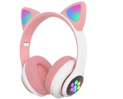 Roze en witte kinderkoptelefoon - draadloze over-ear koptelefoon - kinderkoptelefoon - in-ear Bluetooth-microfoon - kattenoortjes - met licht - roze