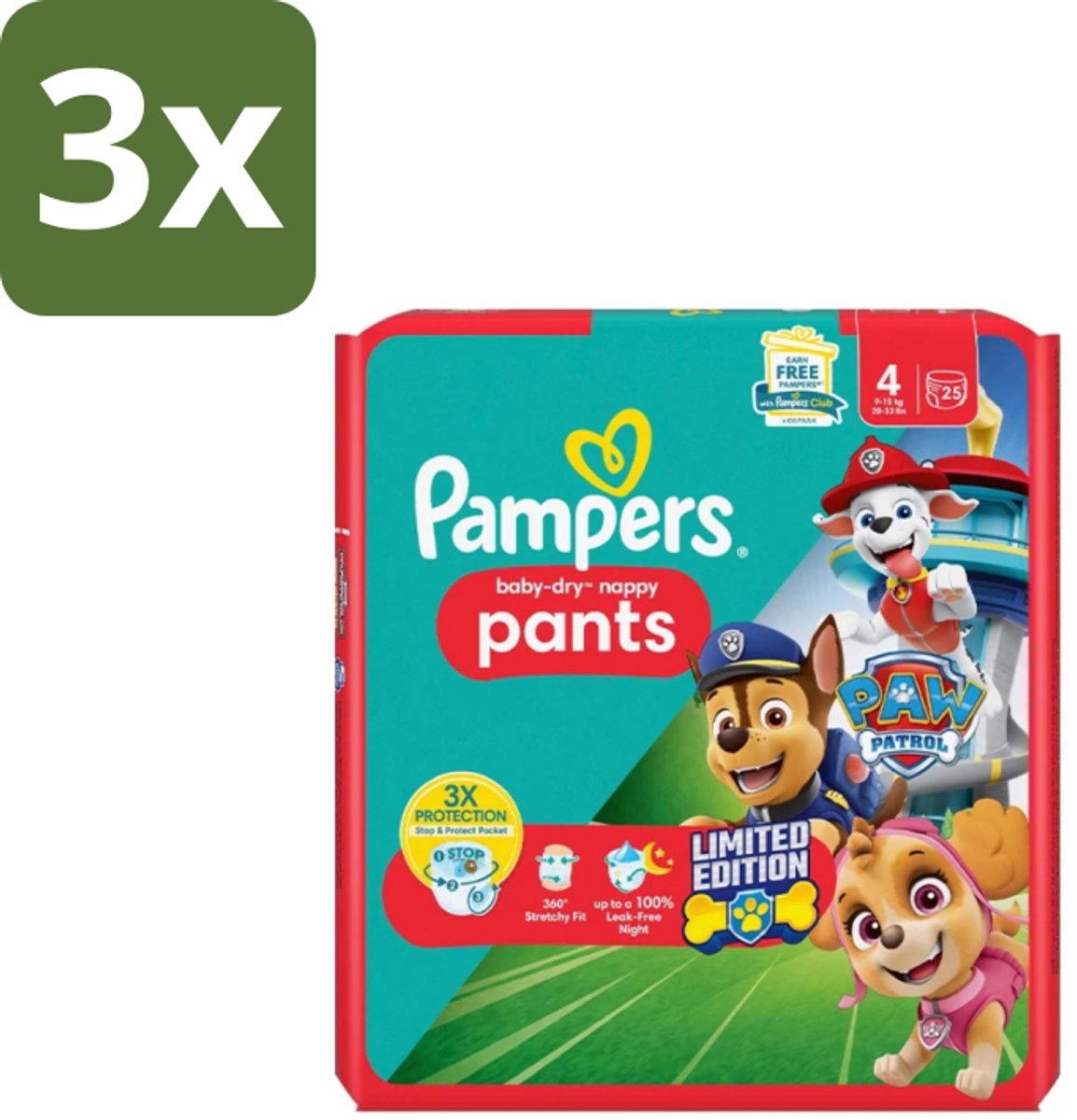 3 x Pampers – Luierbroekjes – Baby Dry Pants Paw Patrol Maat 4 – 25 Luiers - Baby Luier - Luierbroek - Droge Luier - Luier Voor Baby - Luier Met Paw Patrol