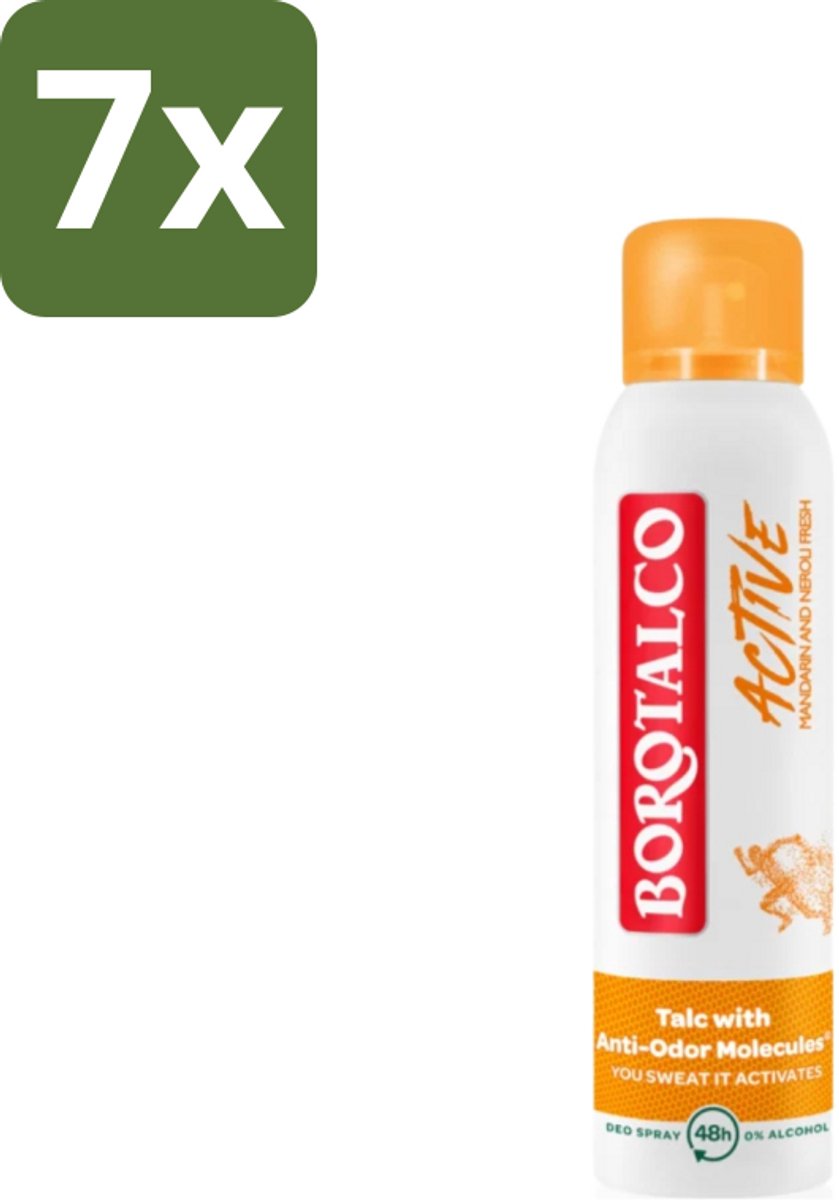 Borotalco - Deodorant Spray - Active - Mandarin & Neroli Fresh - 0% Alcohol - 150 ml - Bulkverpakking - 7 stuks