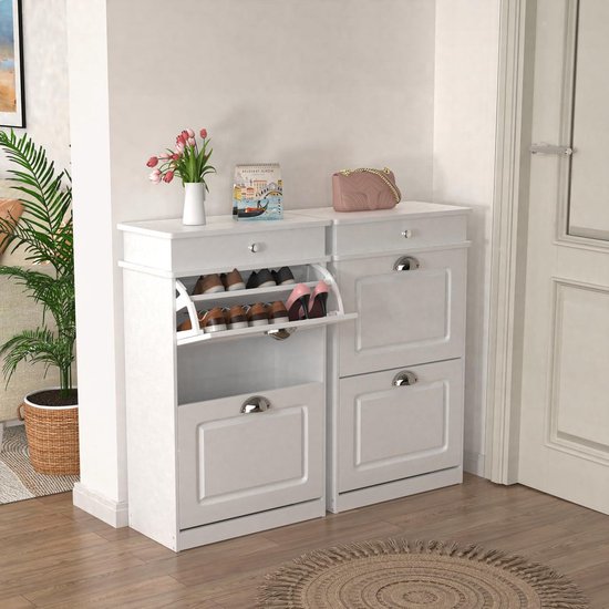 Set Van 2 Smalle Schoenenkasten Met Klapdeuren Compacte Halmeubel set-van-2-smalle-schoenenkasten-met-klapdeuren-compacte-halmeubel