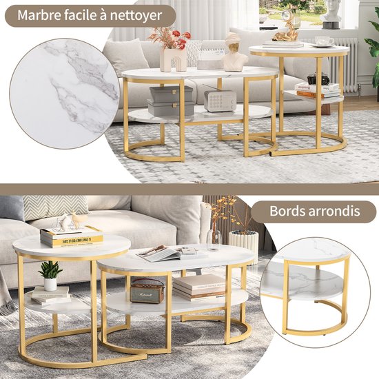 Combinatie van ovale en ronde salontafels met marmerlook blad en gouden frame. Close-ups tonen marmerpatroon en ronde randen.