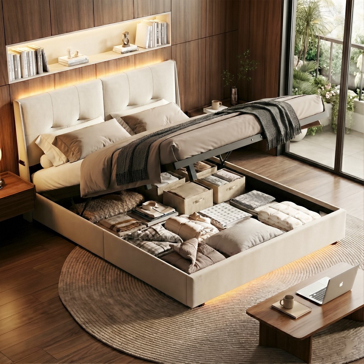 ADFBL Ottomaans Bed 160x200 Beige - Fluweel Bed met Opbergruimte, Dubbele LED & Zijvakken | Modern Design