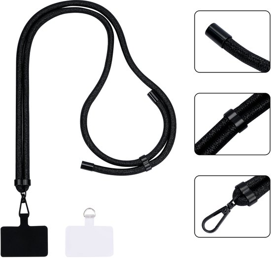 Zwart telefoonkoord met karabijnsluiting, inclusief twee verschillende adapters voor telefoonhoesjes.