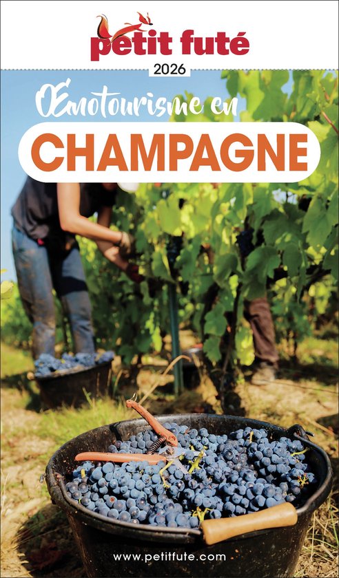 Guide de voyage 'Oenotourisme en Champagne 2026' avec une photo d'un panier rempli de raisins dans un vignoble.