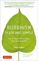 Boek "BUDDHISM PLAIN AND SIMPLE", met tekst op een groene bladnerf met "The Practice of Being Aware, Right Now, Every Day" en "Steve Hagen".