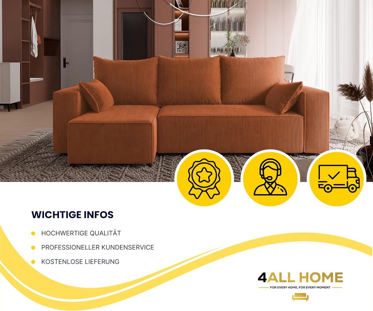 Hoekbank met slaapfunctie en opbergruimte – Luxe L-vormige slaapbank met bedlade – 3-zits bank in fluweelzachte Cord Poso stof – Omkeerbare chaise longue – Koperkleur – Novihome