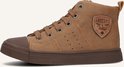 Cognackleurige veterboot met patch op de zijkant en bruine zool.