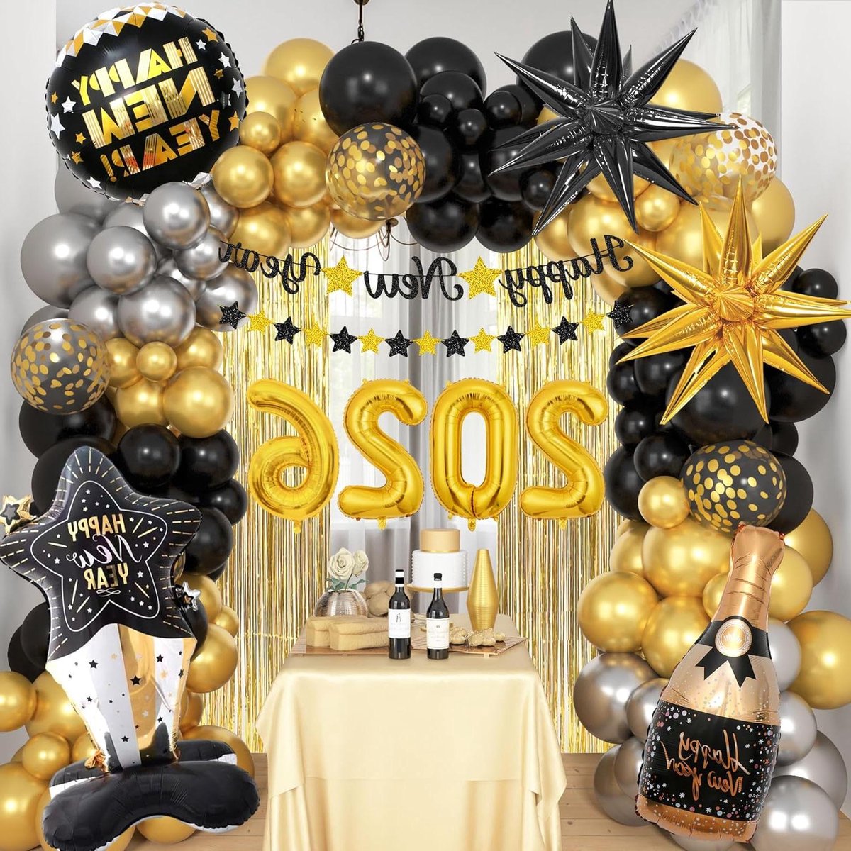 Provento - Nieuwjaarsavond Ballonnen Boog Kit Zwart Gouden Decoraties - 127st - 2026 - Gelukkig Nieuwjaar Banner - Folie Ballonnen - Fringe - Feestdecoraties.