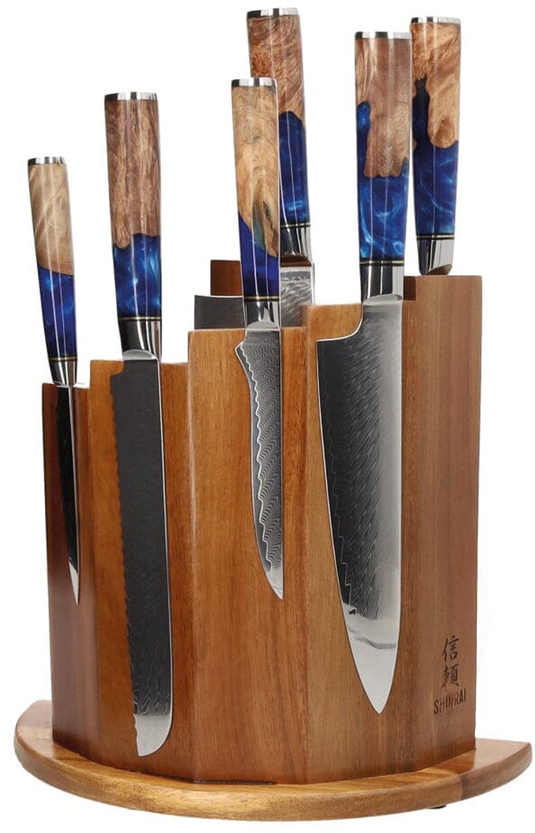 Shinrai Knives - Epoxy Sapphire 6-delige Damascus Messenset + Magnetisch Messenblok Scalae - Acacia hout - Vleesmes - Hakmes
