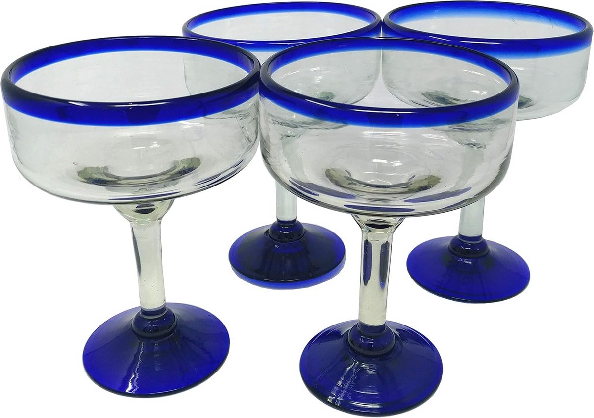 Set van 4 Handgeblazen Margarita Glazen met Kobaltblauwe Rand