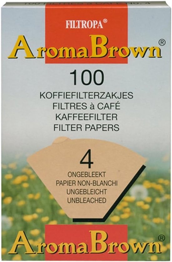 Doos Filtropa AromaBrown koffiefilters, maat 4, 100 stuks, ongebleekt.