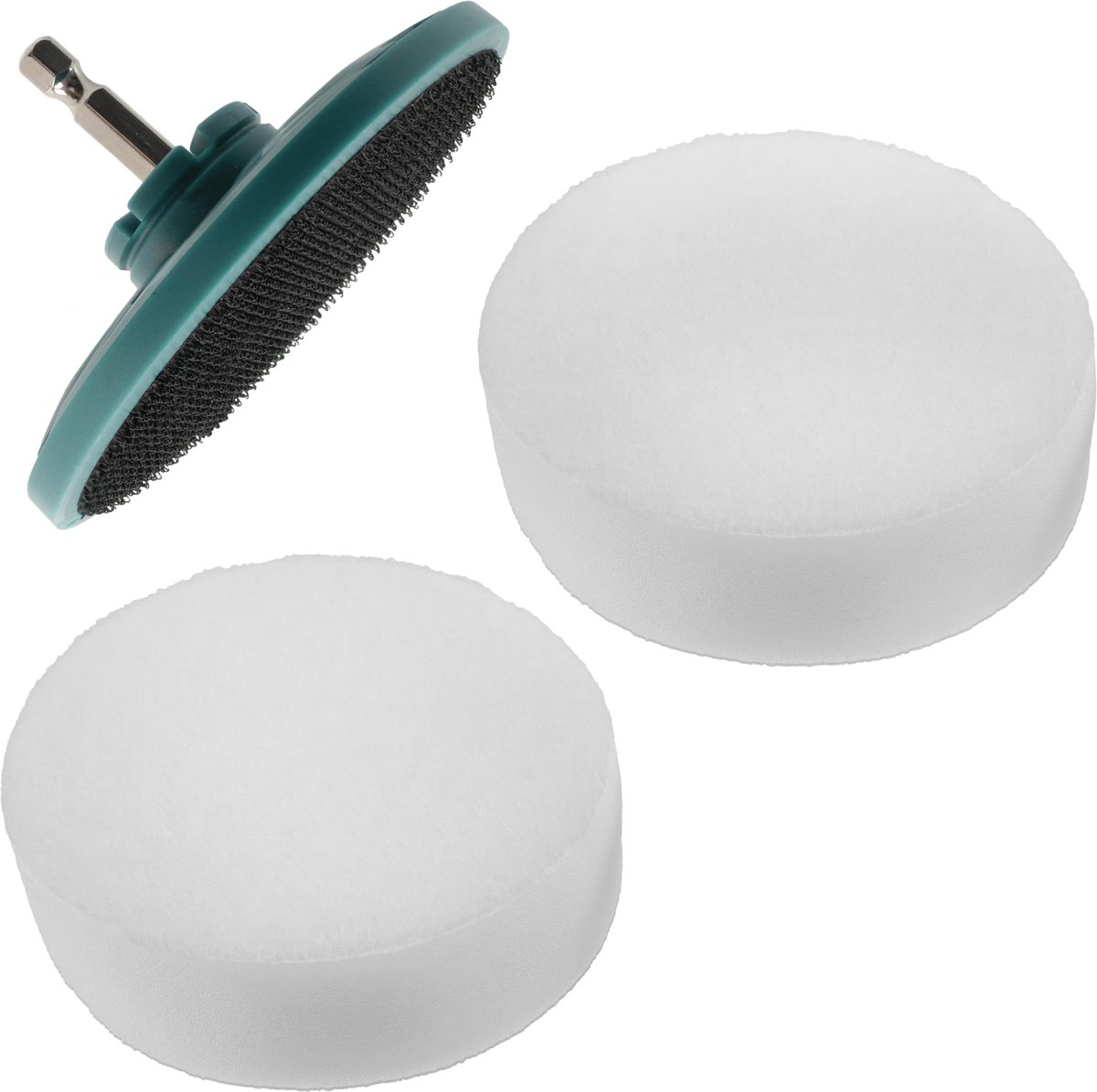 3-delige polijstset - 2 zelfklevende sponzen met een diameter van 88 mm 3,5" + Scratch-dragerschijf Ø 88 mm 3,5" - voor slagmoersleutel - Zeskantaandrijving 1-4"