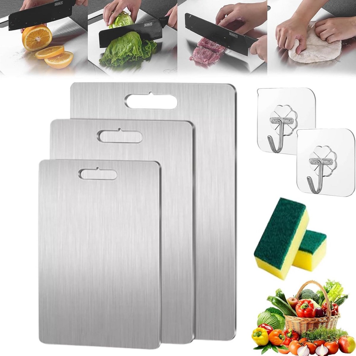 Dubbelzijdige Metalen Snijplank voor Keuken en Camping - Titanium en RVS
