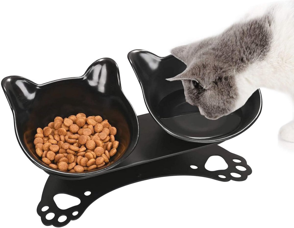 Verhoogde kattenbak en voerbak met antislip en 15° kanteling voor katten en kleine honden