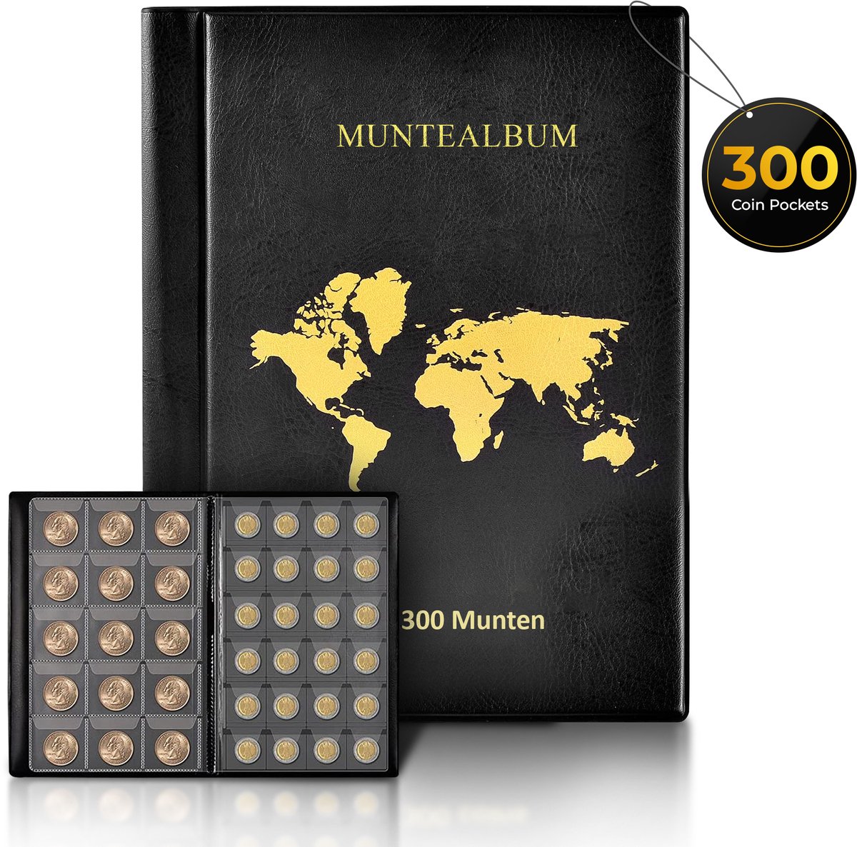 Hoogwaardig Muntenalbum - Tot 300 Munten - ECO-leer - Waterdicht - Munten Verzamelen - Verzamelmap Munten - Afmetingen 25cm x 18cm