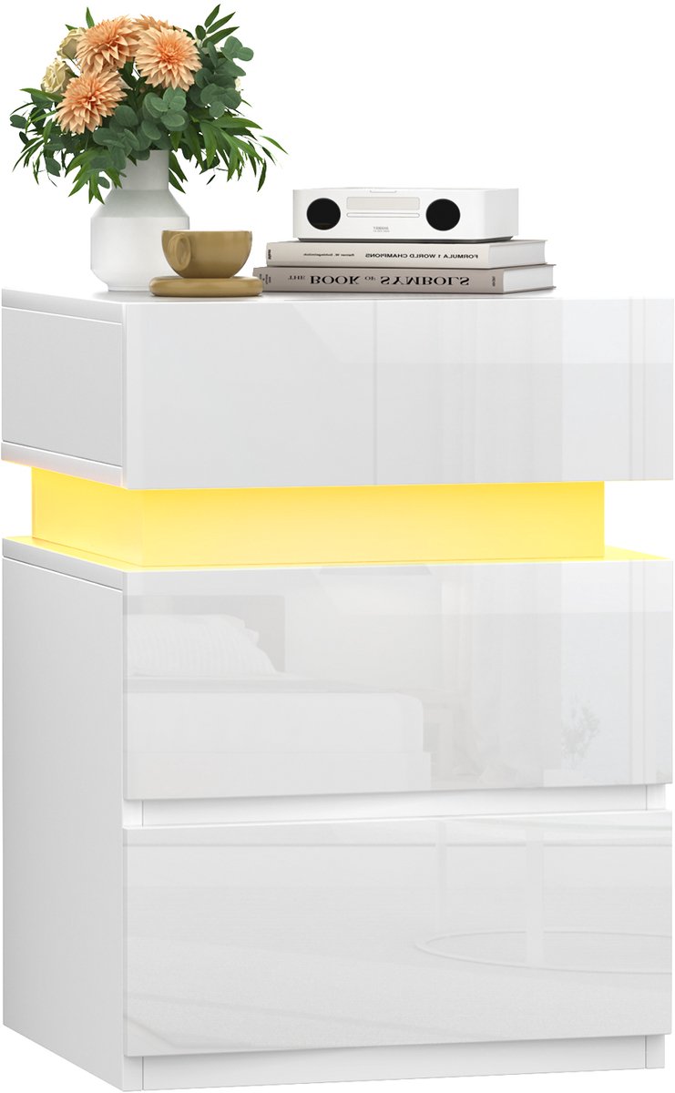 PIPIPOXER-Nachtkastje met LED verlichting, met 3 lades, ledverlichting instelbaar in 16 kleuren, bijzettafel nachtkastje voor slaapkamer - wit
