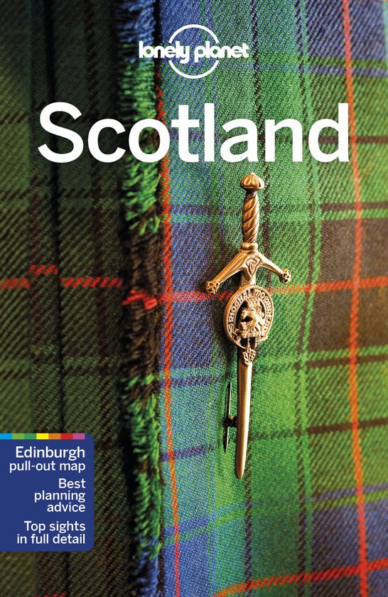Lonely Planet Schotland reisgids met een Schotse ruiten achtergrond en een zilveren kiltspeld.