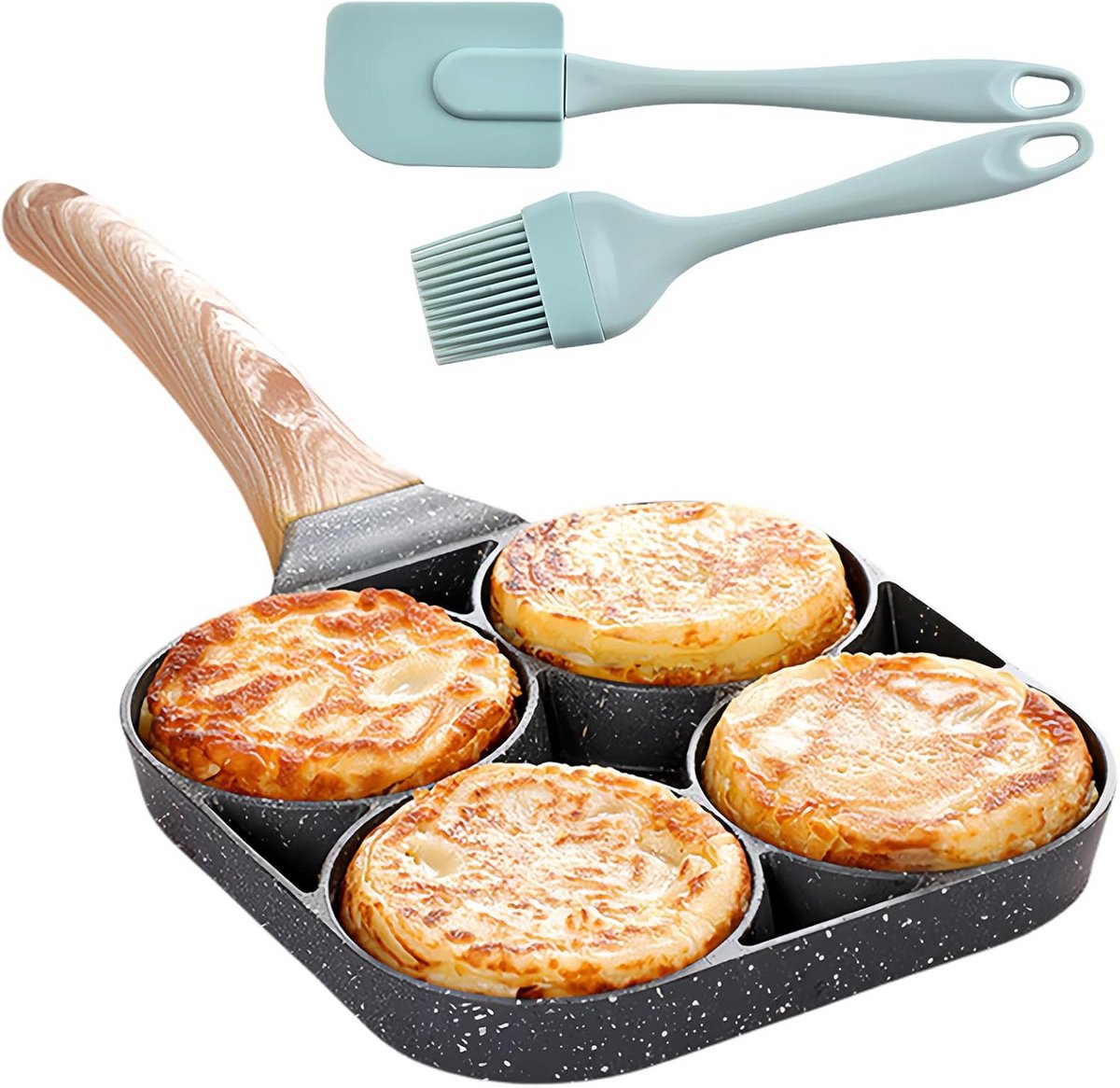 Pannenkoekenpan met 4 gaten - Eierpan Omeletpan - Ontbijt Koken - Antiaanbaklaag - 18x18 cm - Zwart