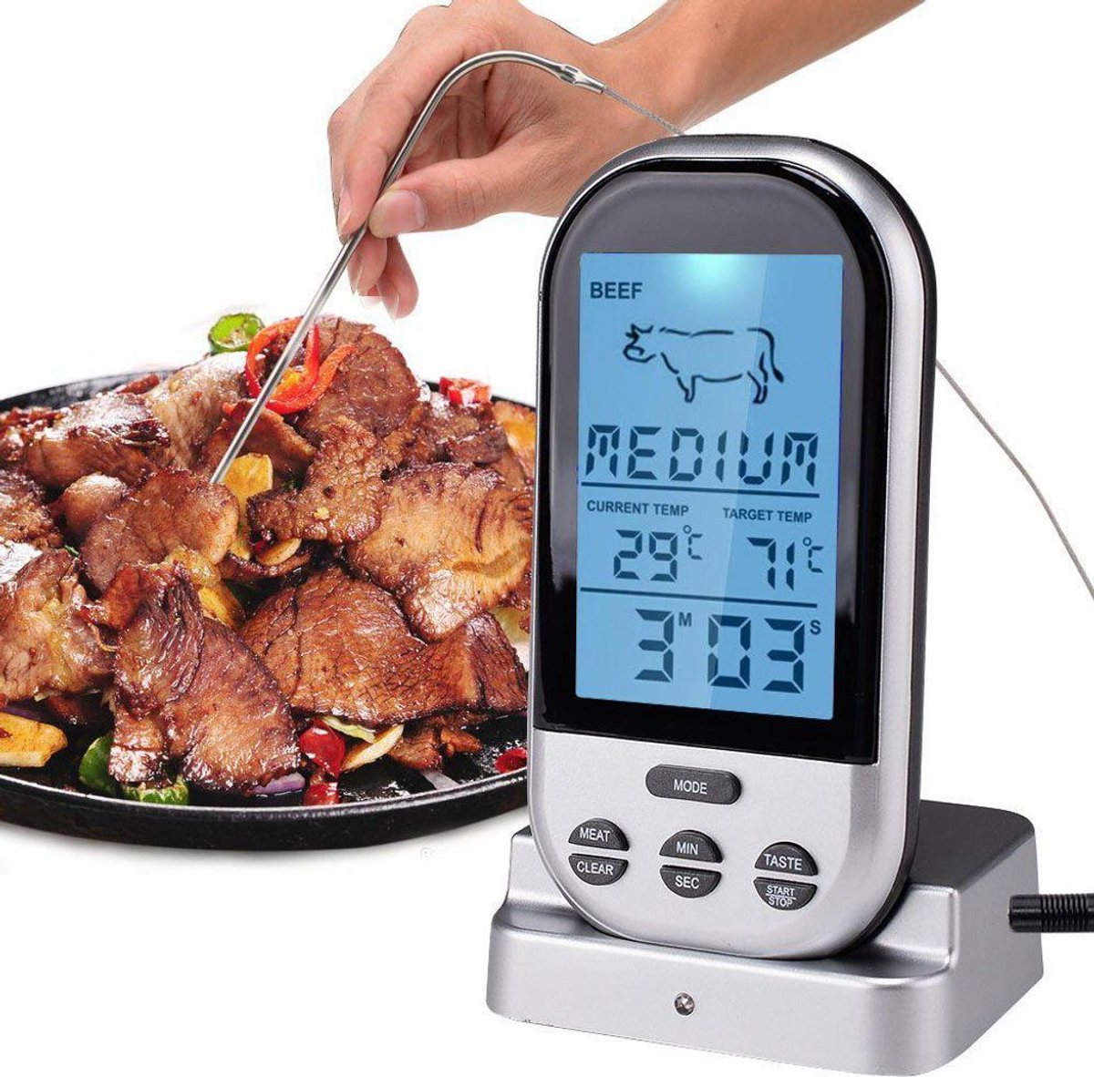 Digitale vleesthermometer, draadloze voedselthermometer met afstandsbediening, geschikt voor vlees en vis, met timer en waterdichte functie, geschikt voor rookovens, grills en barbecues.