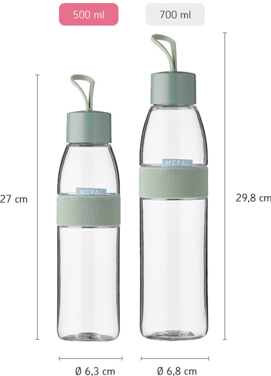 Twee transparante Mepal drinkflessen met groene doppen en grijze banden, 500 ml en 700 ml.