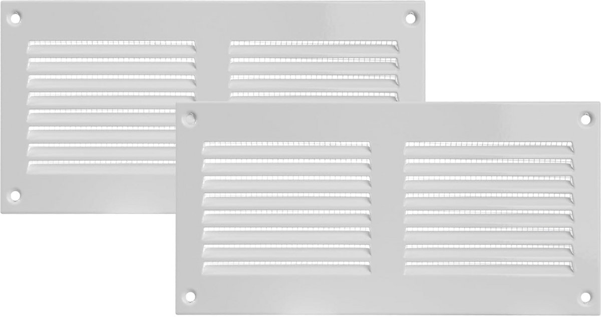 2x Ventilatie Afdekking 20x10 cm Wit Metaal Luchtterugloopgrill met Insectenbescherming