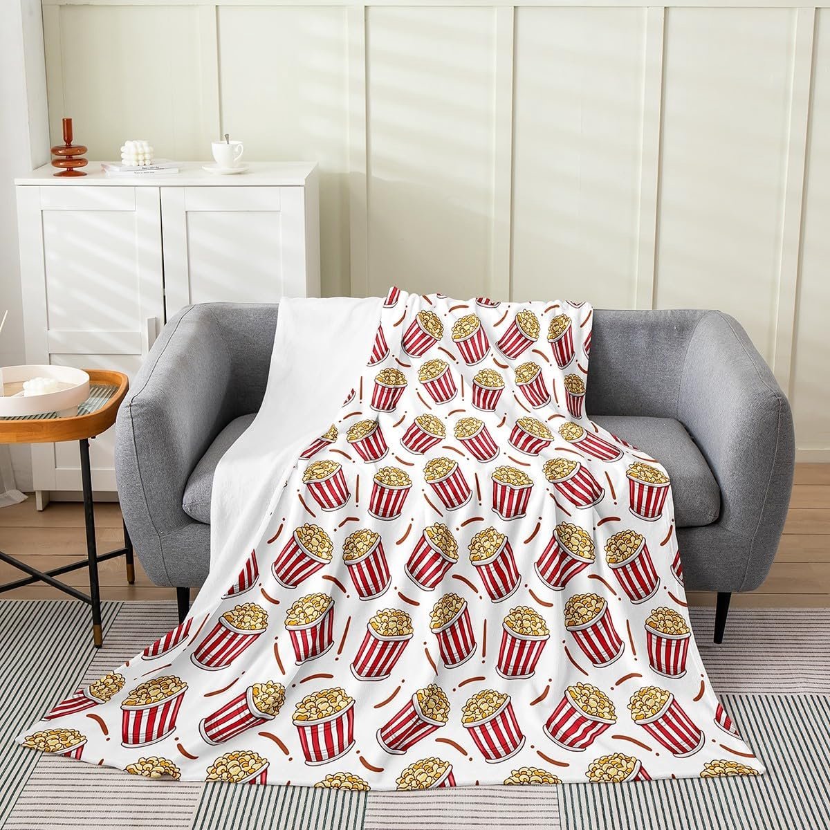 Pluche Fleece Plaid met Popcorn Print - Zachte Flanel Deken voor Kinderen en Volwassenen - 127x152 cm