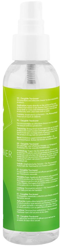 Arrière d'une bouteille EasyGlide Toycleaner avec informations produit multilingues sur une étiquette verte et jaune.